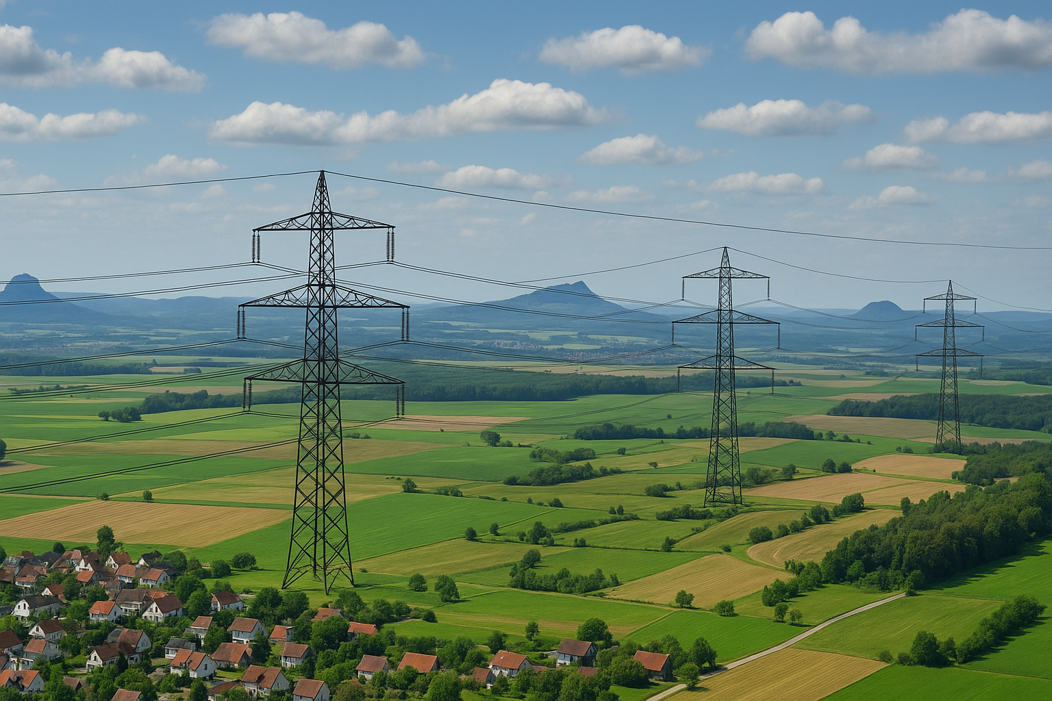 Hegau-Landschaft mit Strommasten und Dörfern